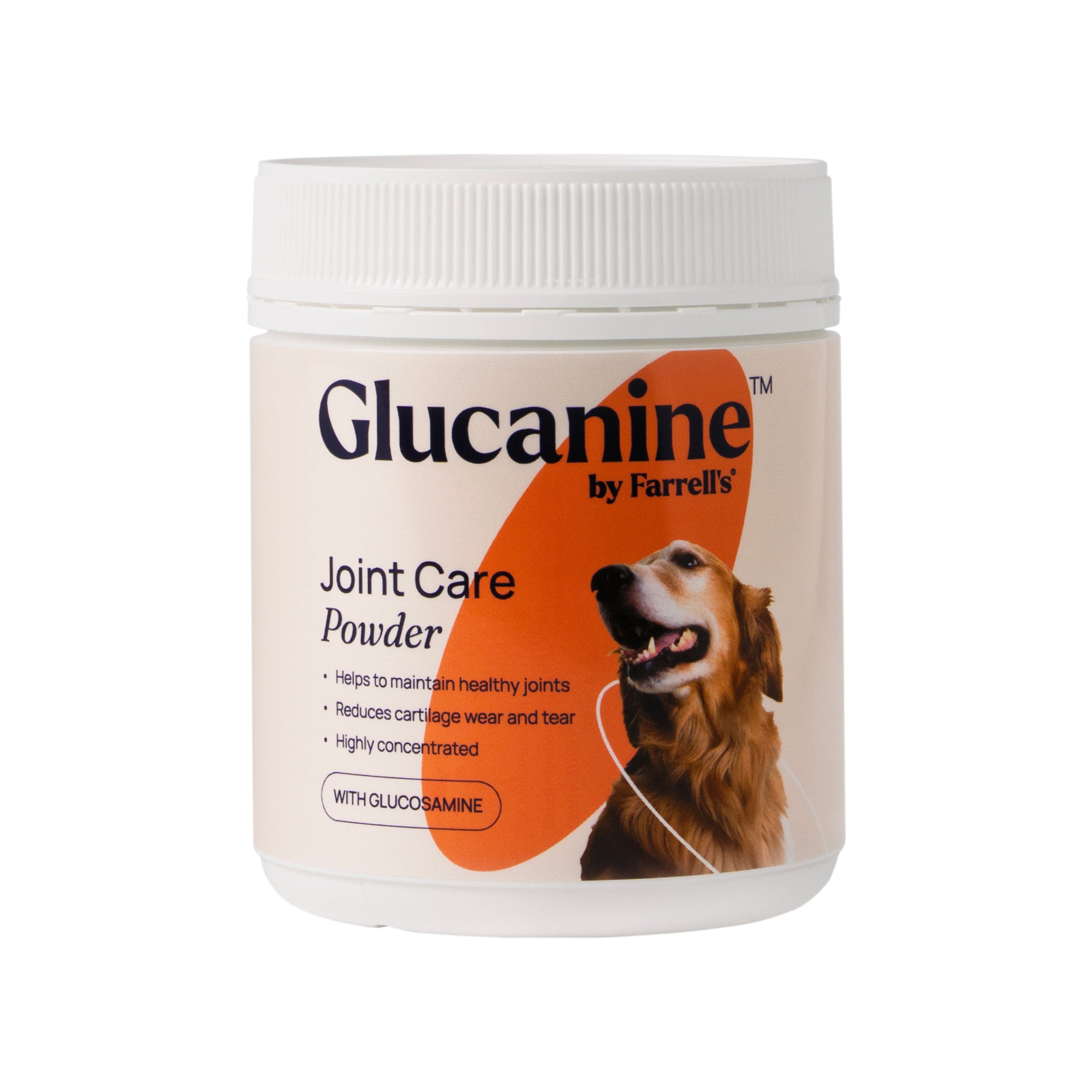 Glucanine by Farrell's joint care powder container on a white background