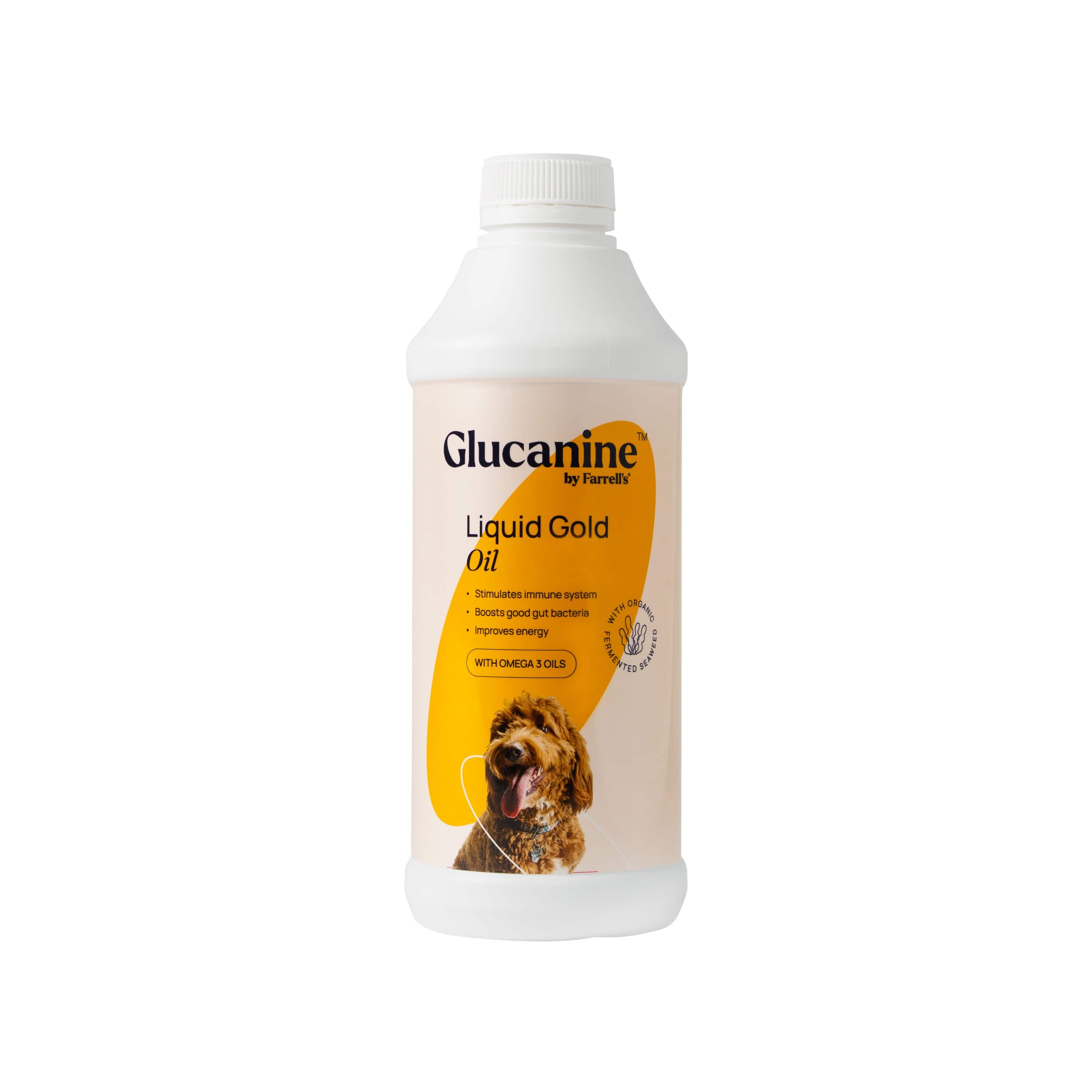 Bottle of Glucanine Liquid Gold Oil for dogs on a white background